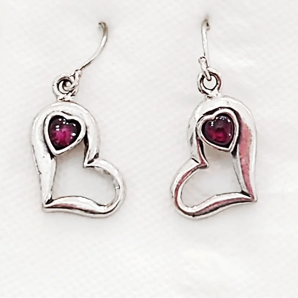 Vintage Sterling Silver Heart Earrings with Garnets